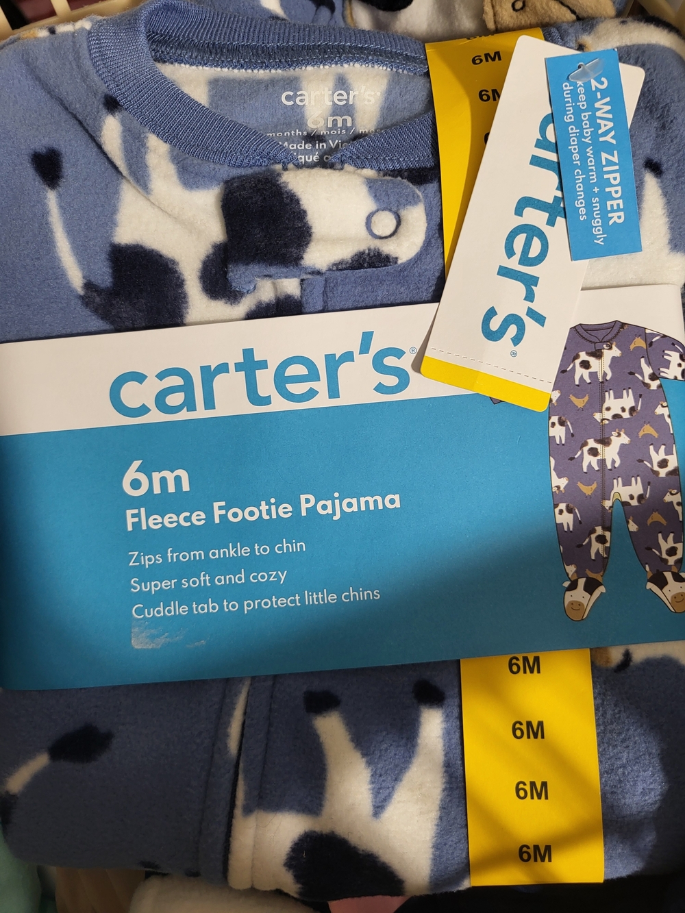 Nwt Boys Size 6 Months Carter's Blue & Navy Cow Print Fleece Footie Pajama